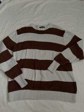 Brandy Melville Brown and Cream Striped Crewneck Sweater